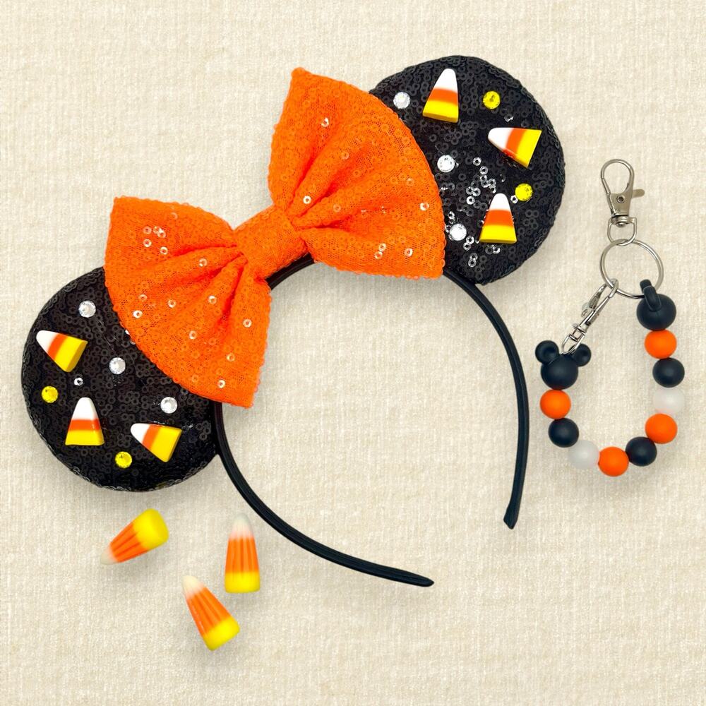 Black Sequin Candy Corn Minnie Ears | Disney-Inspired Halloween Mouse Ears - Picture 2 of 4